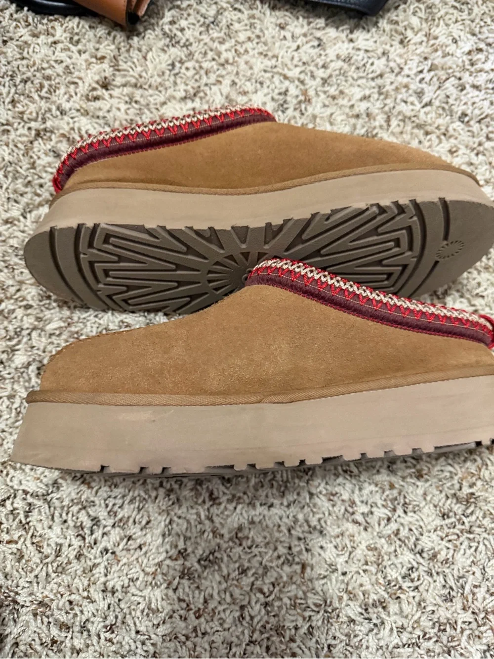 UGG Chestnut Suede Slip-On Mules with Red Knit Trim